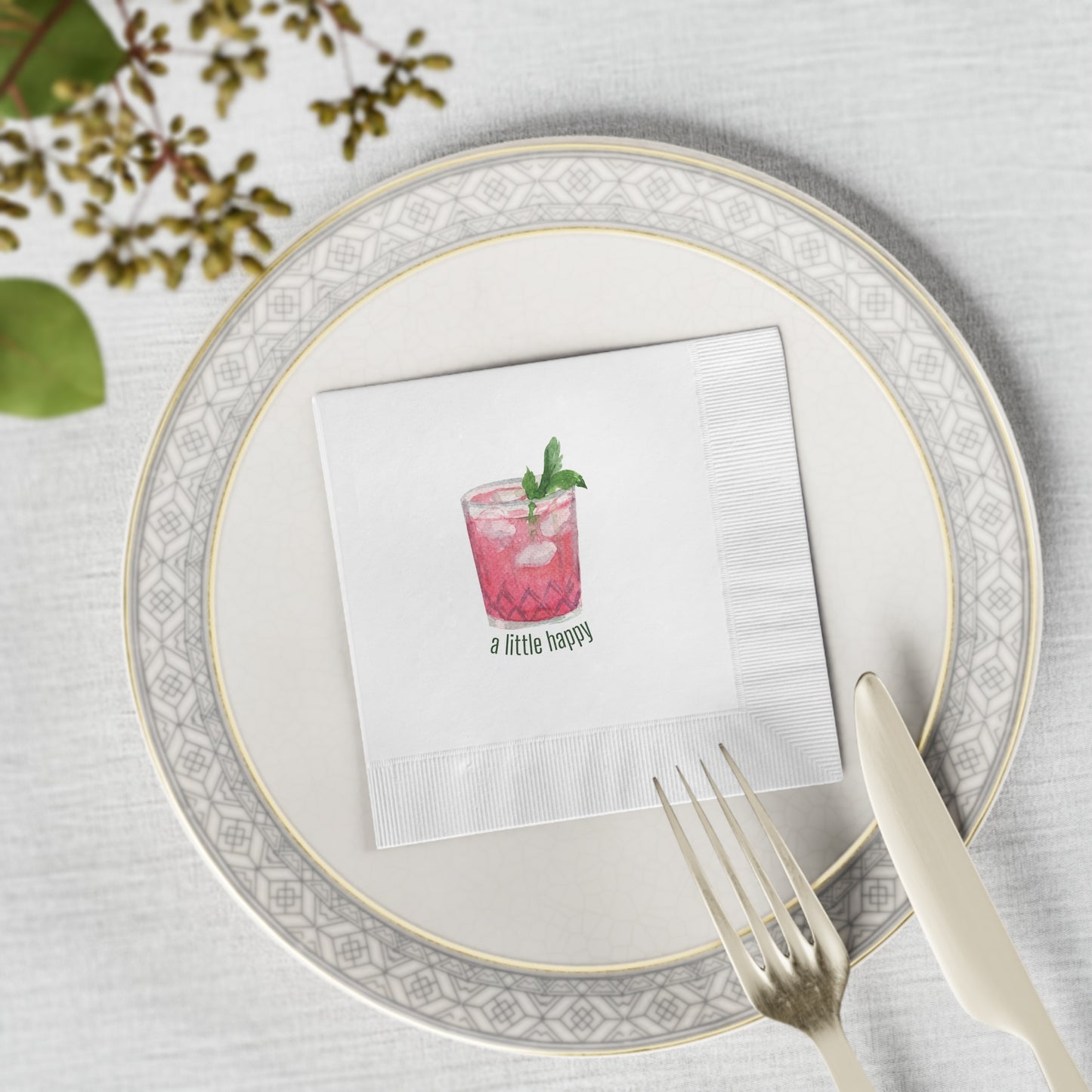 "A Little Happy" White Cocktail Napkins