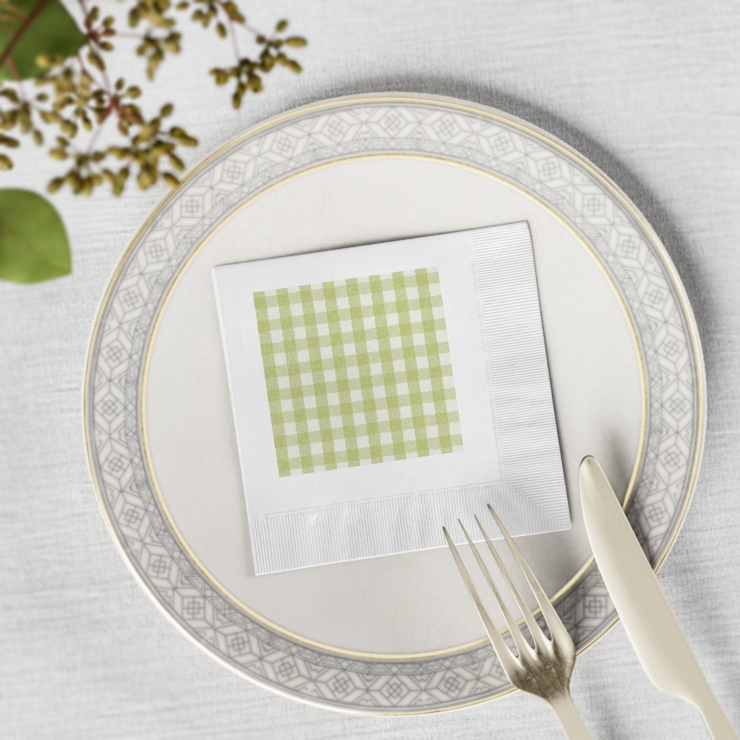 "Gingham" Green & White Cocktail Napkins