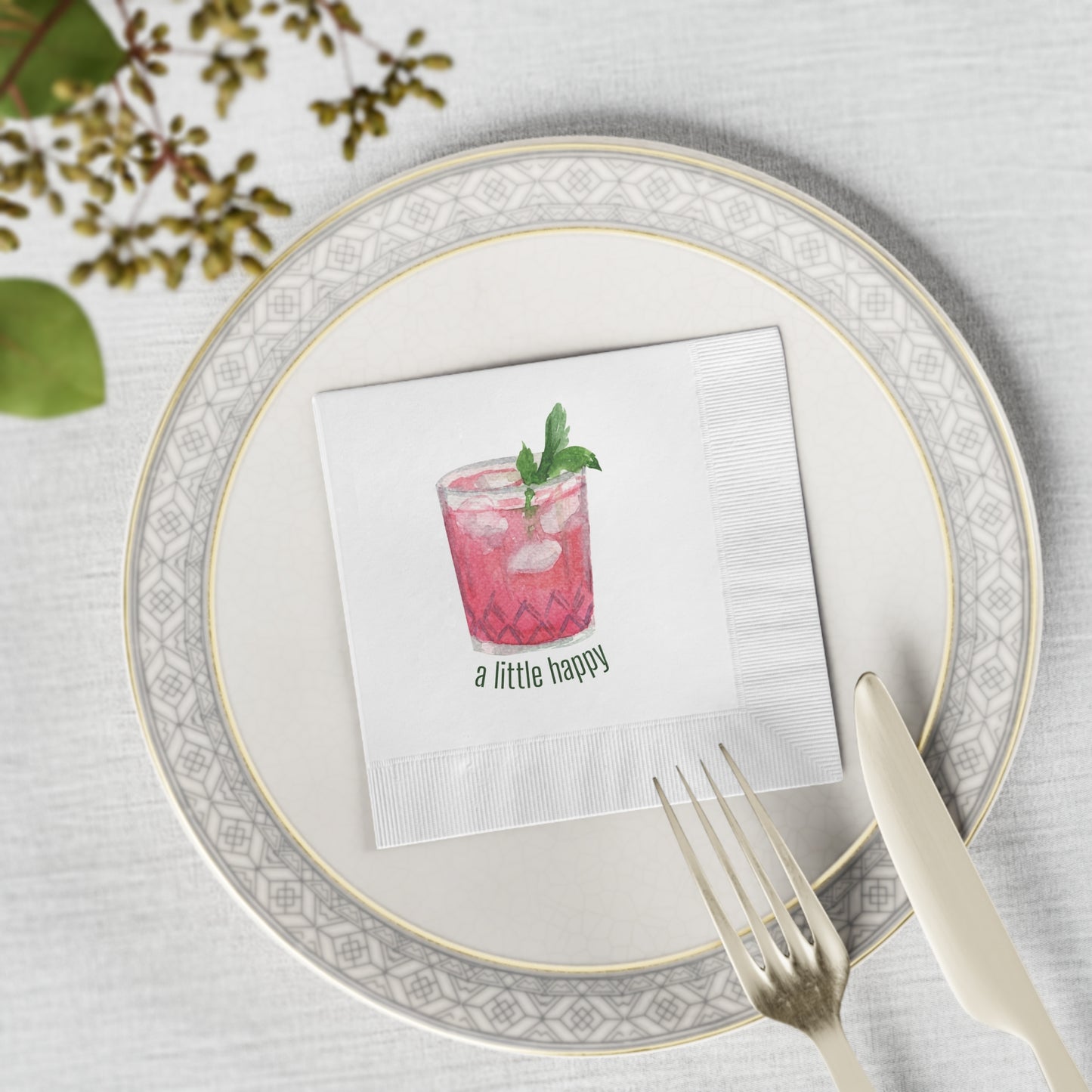 "A Little Happy" White Cocktail Napkins, Party Essentials, Barware Decor, Gift
