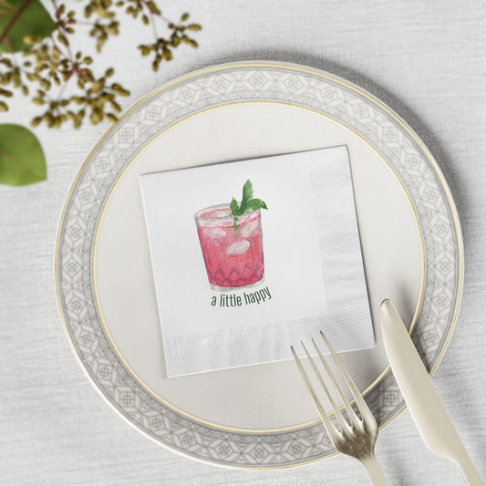 "A Little Happy" White Cocktail Napkins, Party Essentials, Barware Decor, Gift