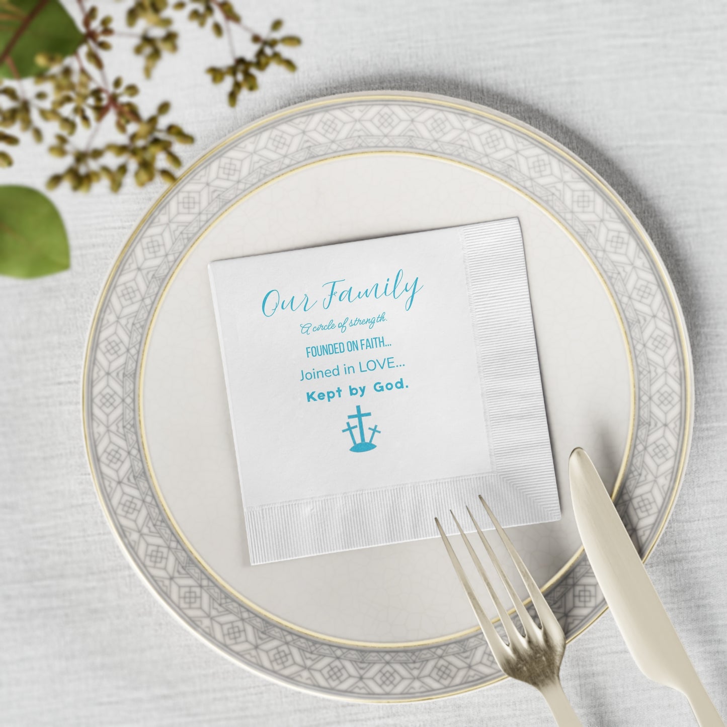 "Our Family (Blue)" White Cocktail Napkins